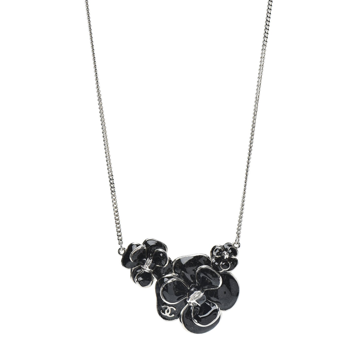 Enamel CC Camellia Necklace Silver Black