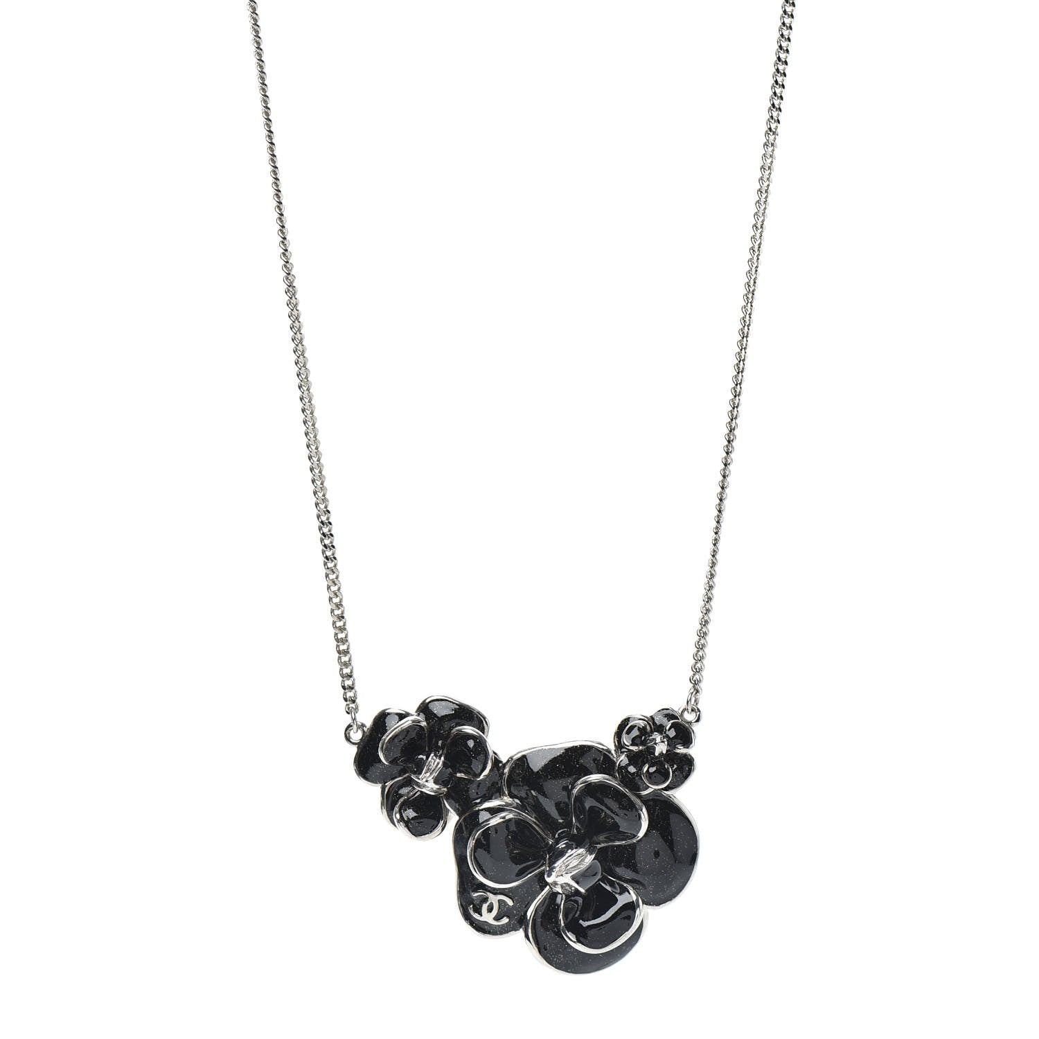 Chanel Enamel CC Camellia Necklace Silver Black 1 of 4