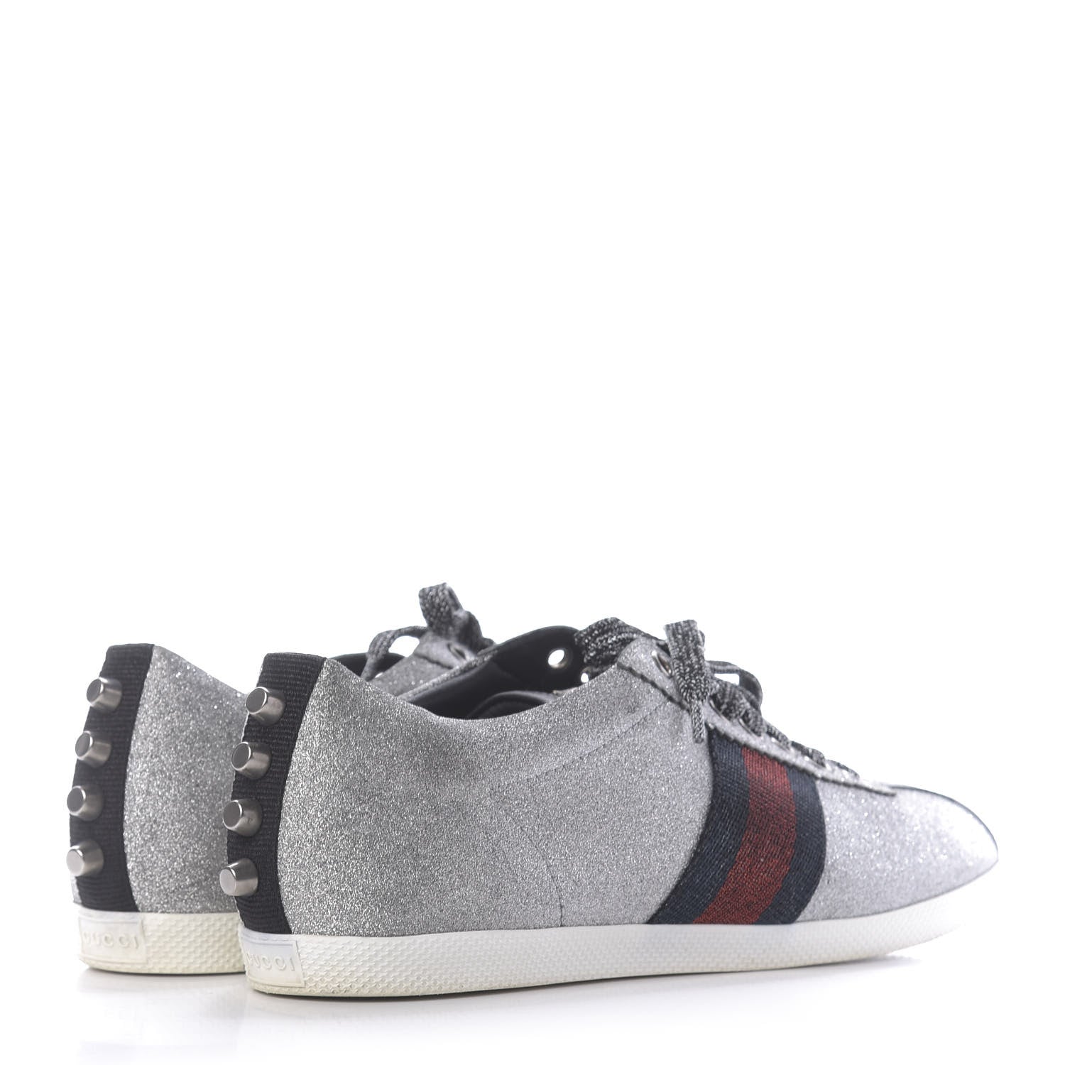 Gucci Glitter Fabric Studded Womens Web Sneakers 39 Silver 4 of 12