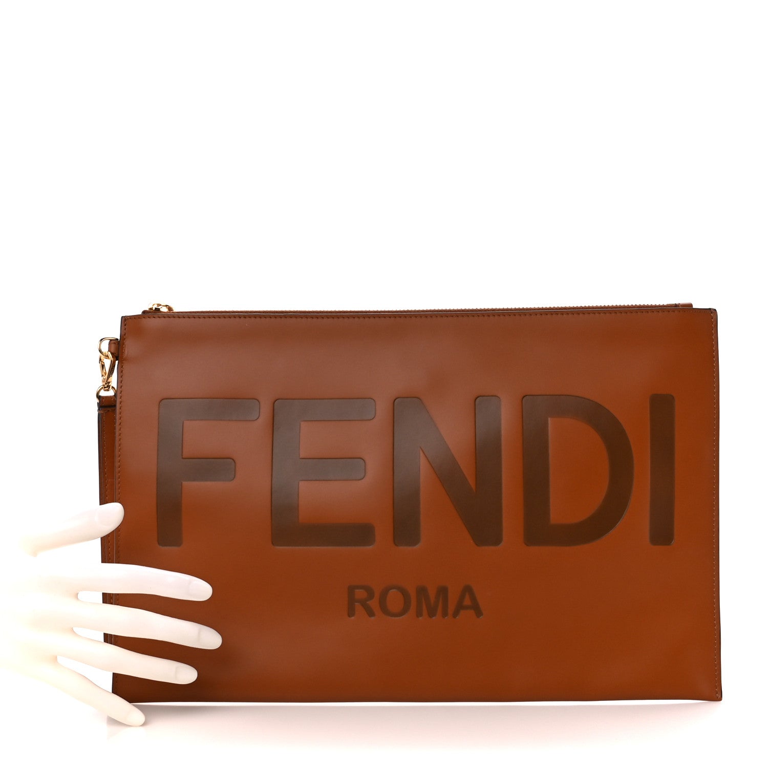 Fendi Vitello King Logo Embossed Large Flat Pouch Cuoio 1705718