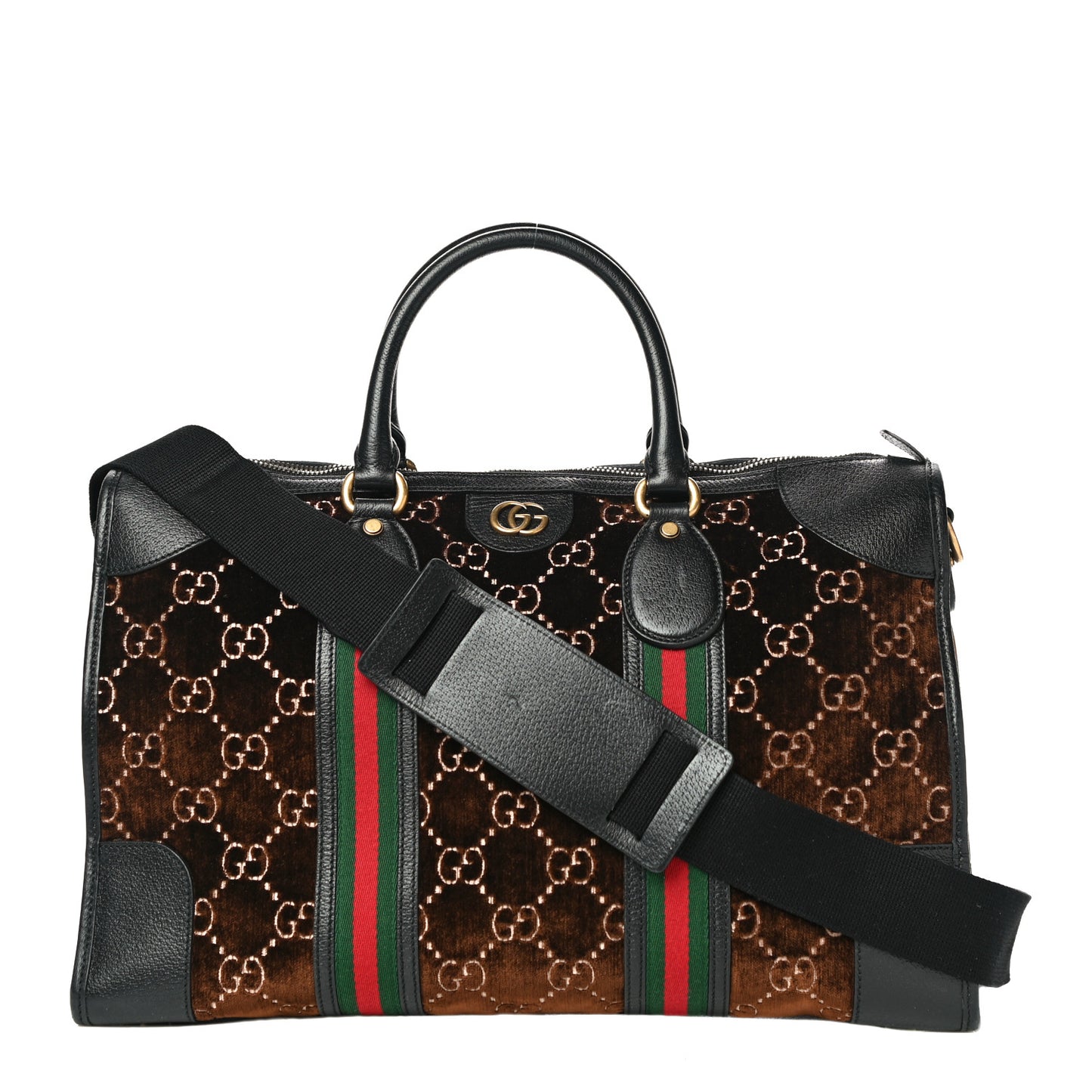 Velvet GG Monogram Textured Calfskin Web Medium Duffle Bag Brown Black