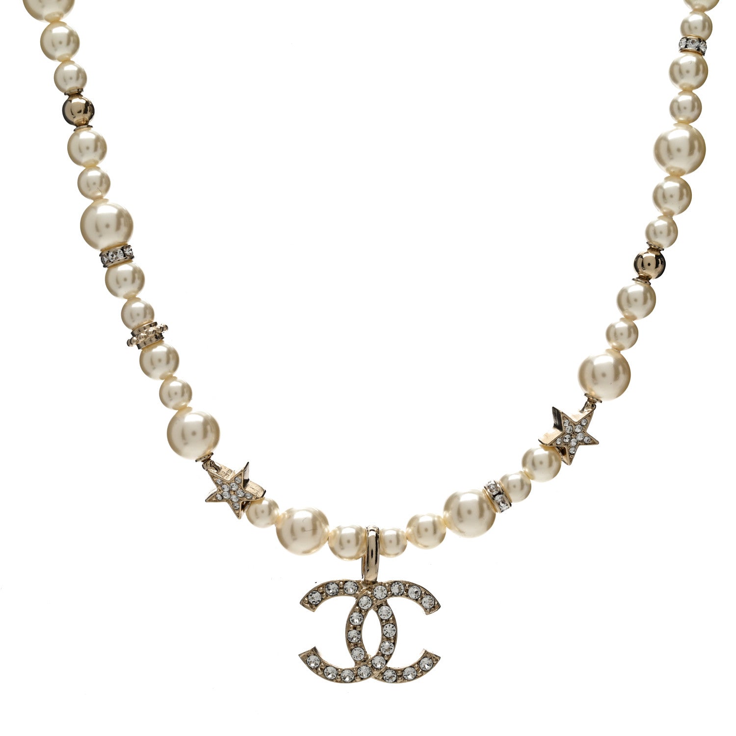 Chanel Metal Crystal Pearl CC Star Short Pendant Necklace Gold 1 of 6