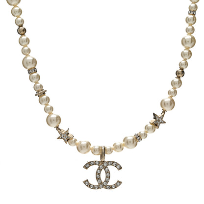Chanel Metal Crystal Pearl CC Star Short Pendant Necklace Gold 1 of 6