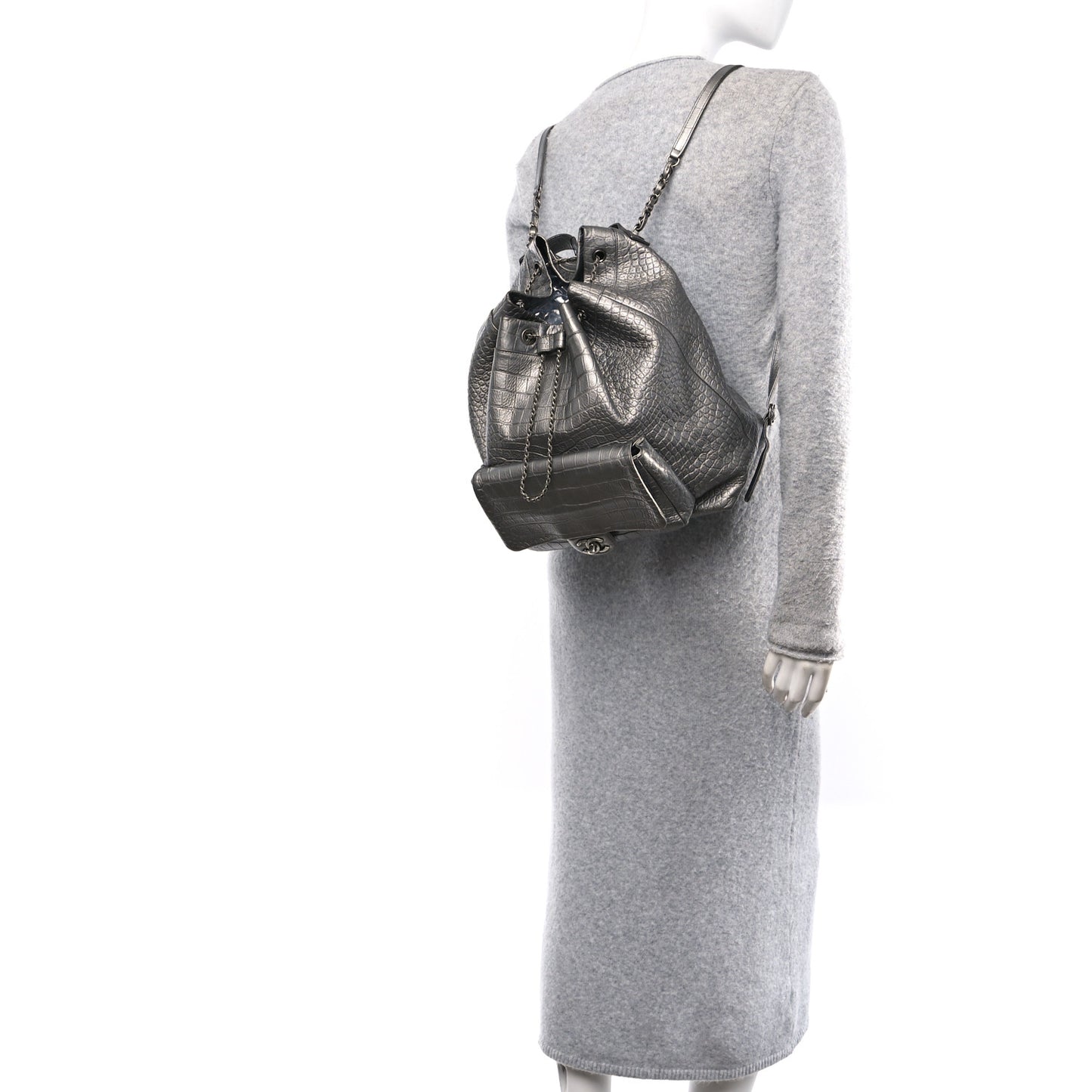 Metallic Calfskin Crocodile Embossed Large Backpack Silver