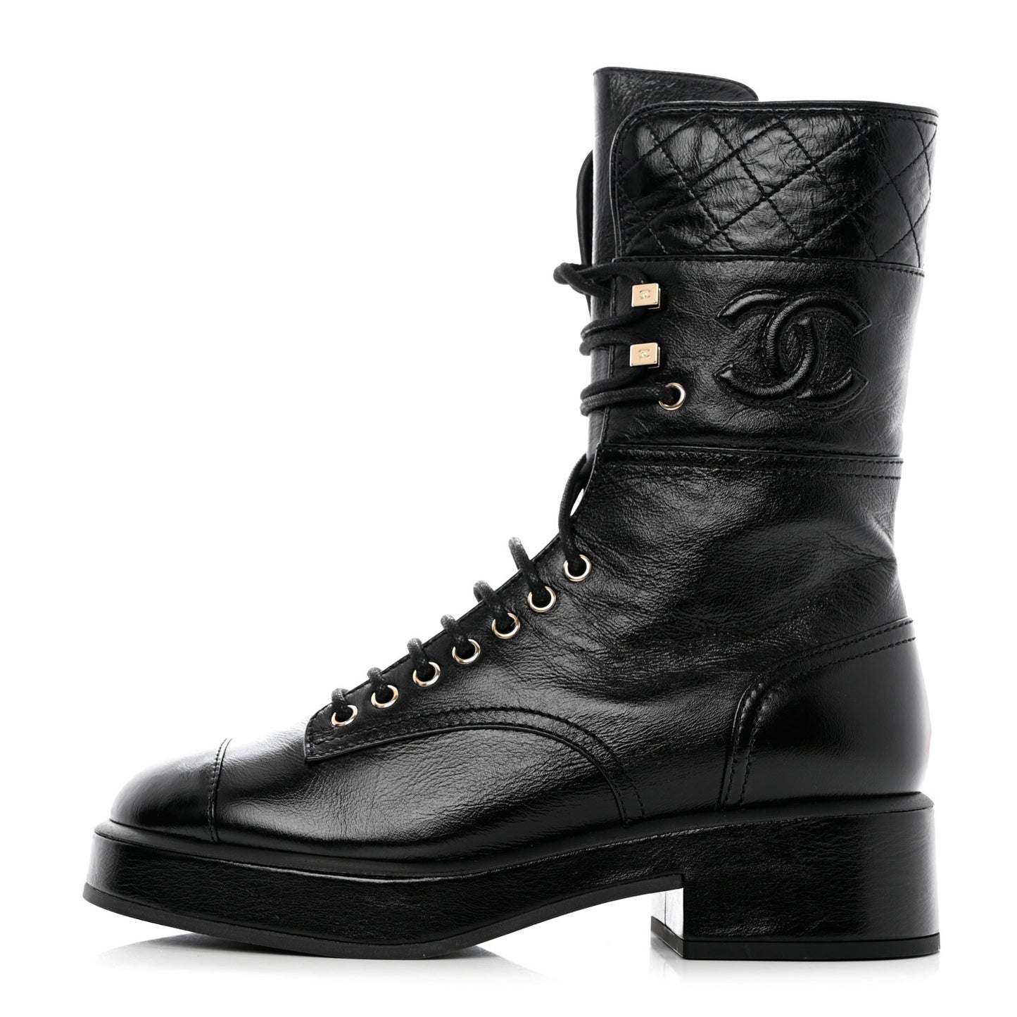 Shiny Calfskin Quilted CC Lace Up Combat Boots 38.5 Black