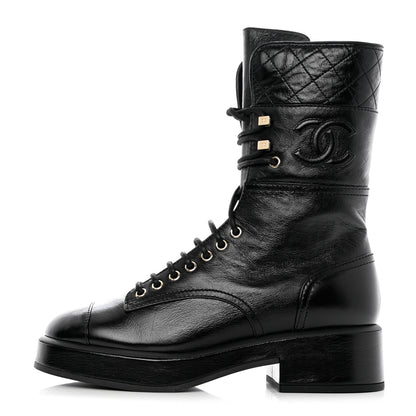 Chanel Shiny Calfskin Quilted CC Lace Up Combat Boots 38.5 Black 1 of 9