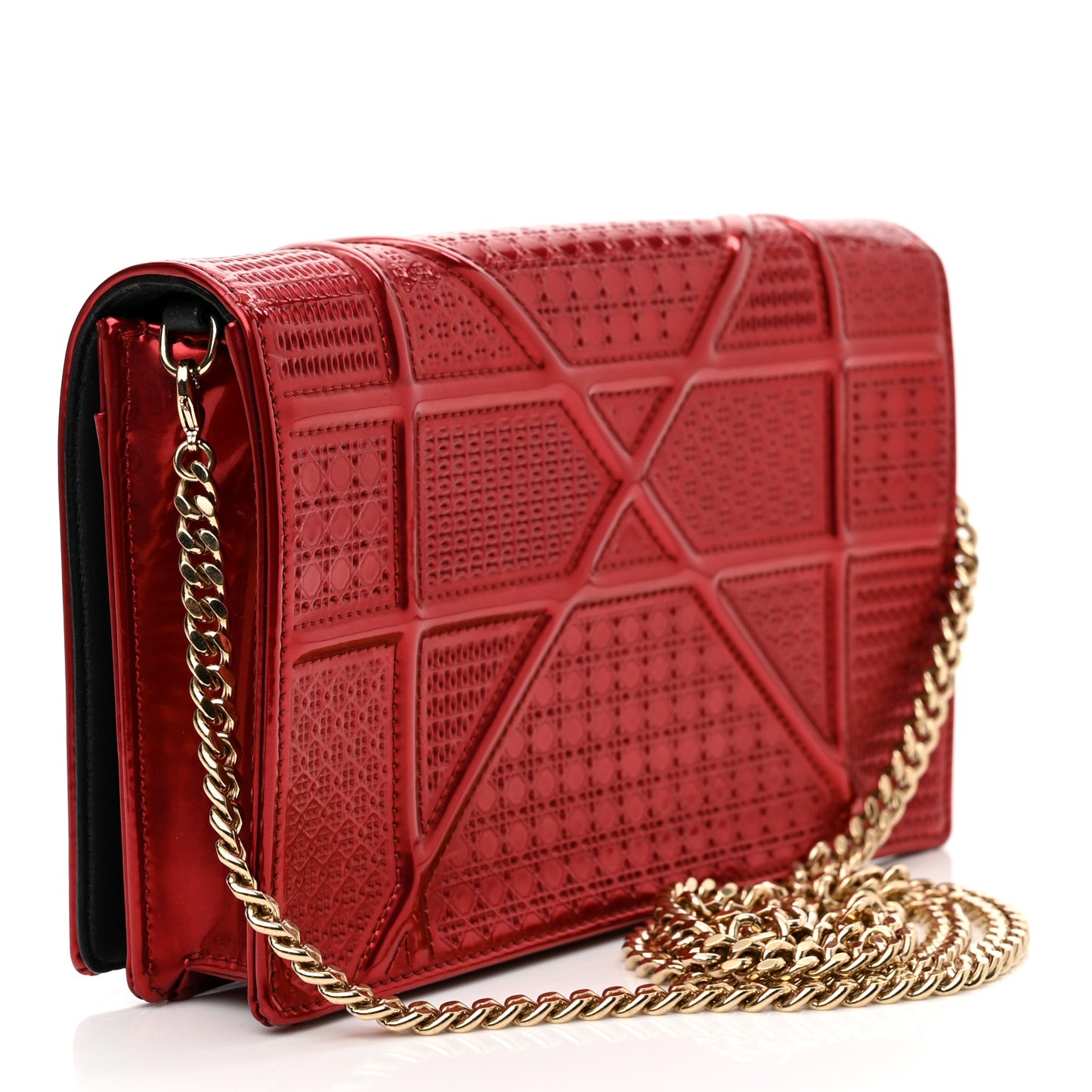 Metallic Patent Micro-Cannage Diorama Wallet on Chain Pouch Red