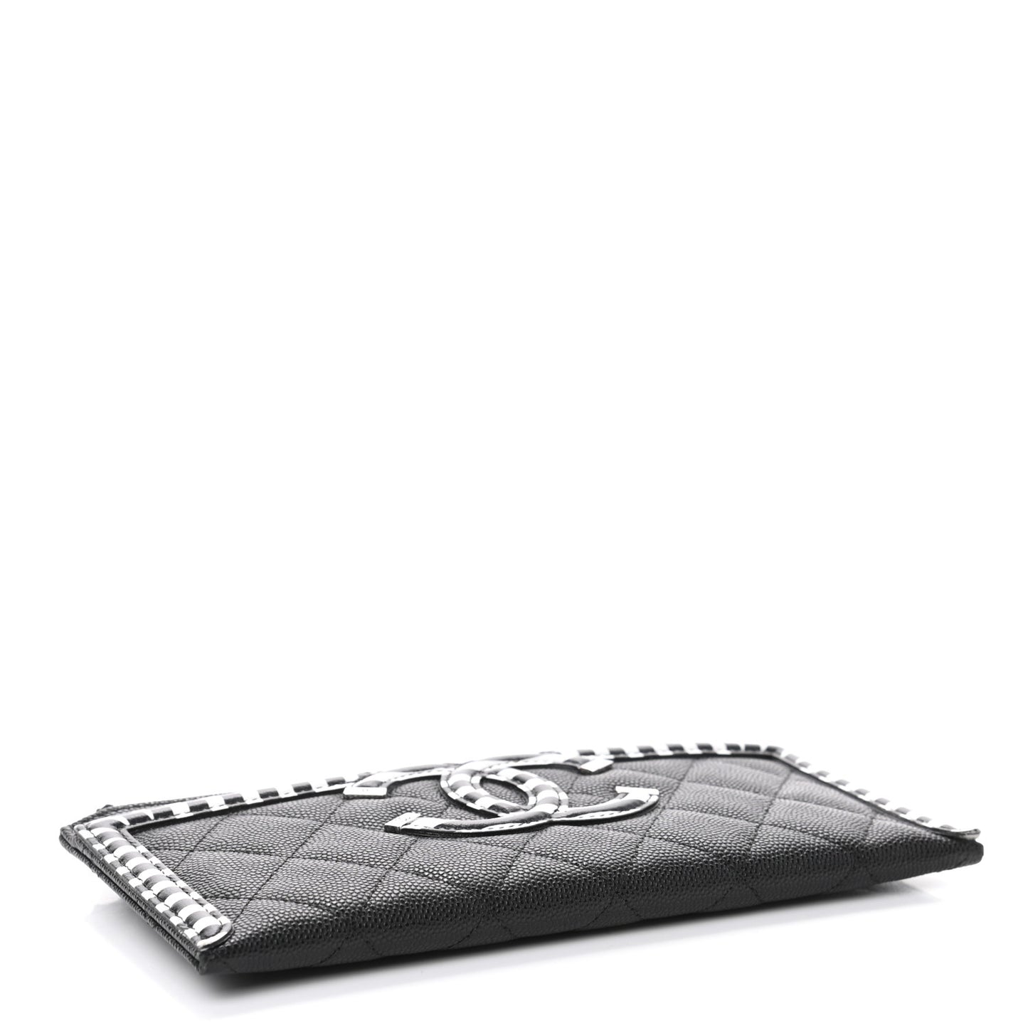 Caviar Quilted Stripe Filigree Zip Pouch Black White