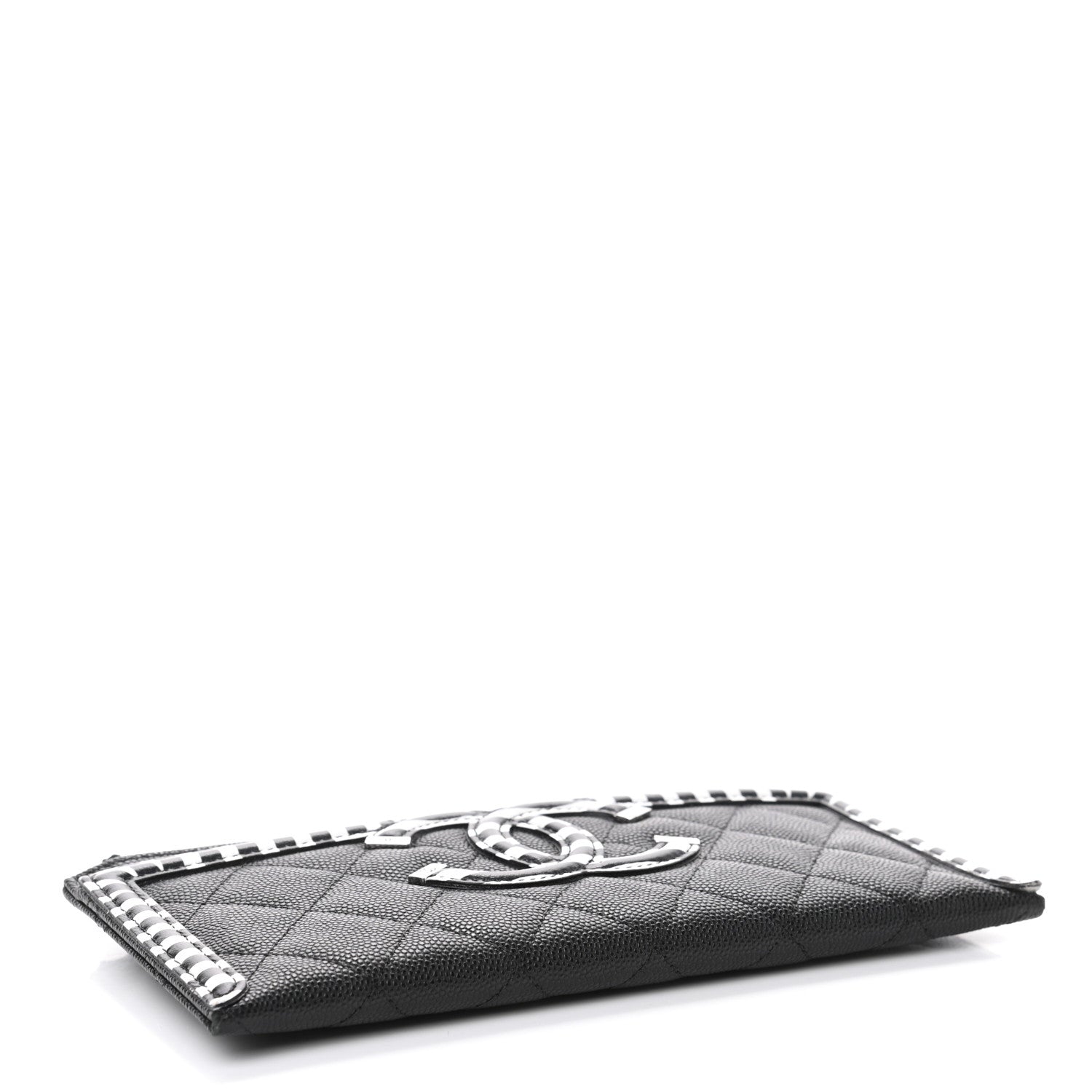 Chanel Caviar Quilted Stripe Filigree Zip Pouch Black White 3 of 4
