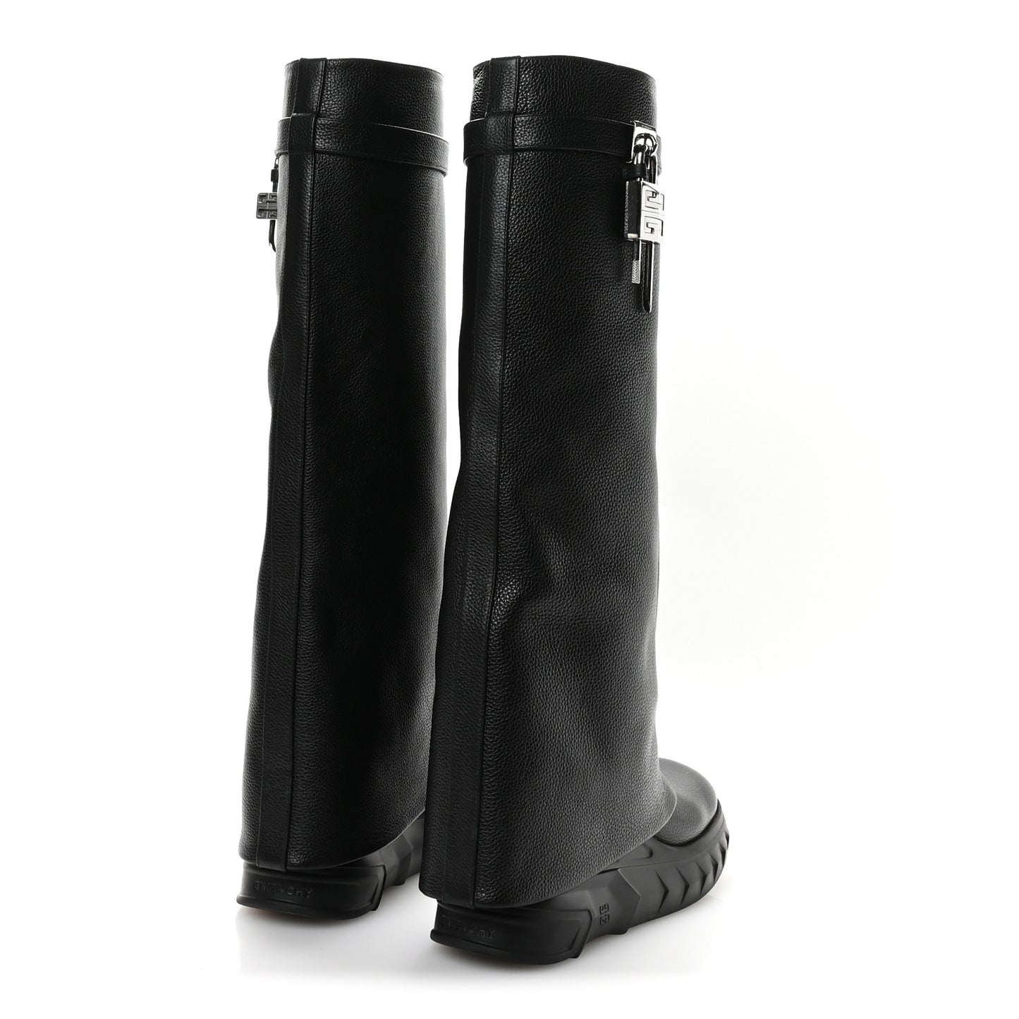 Grained Calfskin Shark Lock Biker Knee Boots 39 Black