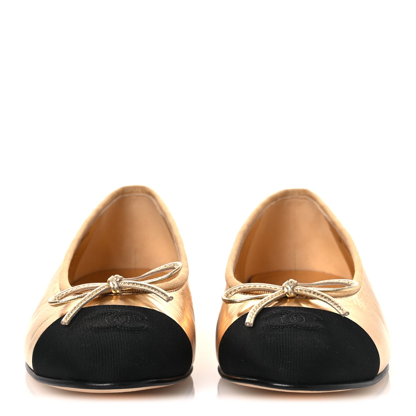 Metallic Calfskin Grosgrain Cap Toe CC Ballerina Flats 37.5 Gold