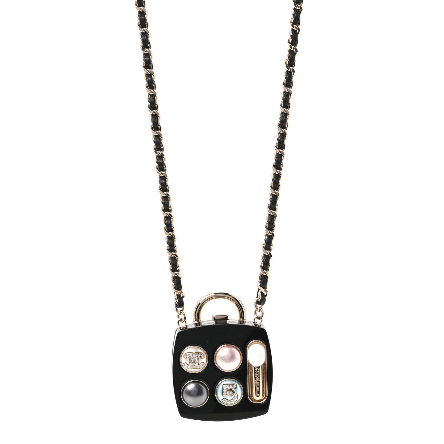 Pearl Resin Crystal Lambskin CC No 5 Eyeshadow Mirror Pendant Necklace Multicolor