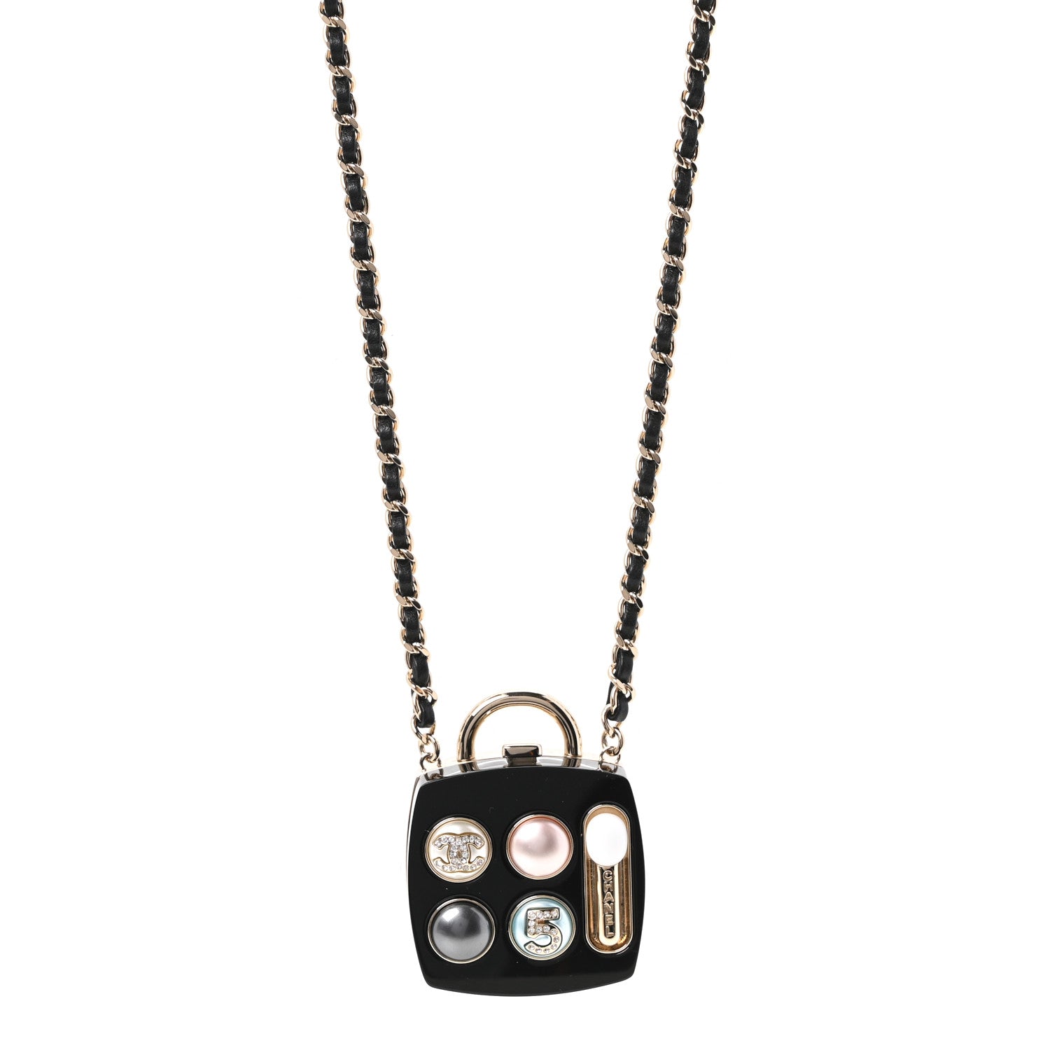 Chanel Pearl Resin Crystal Lambskin CC No 5 Eyeshadow Mirror Pendant Necklace Multicolor 1 of 4