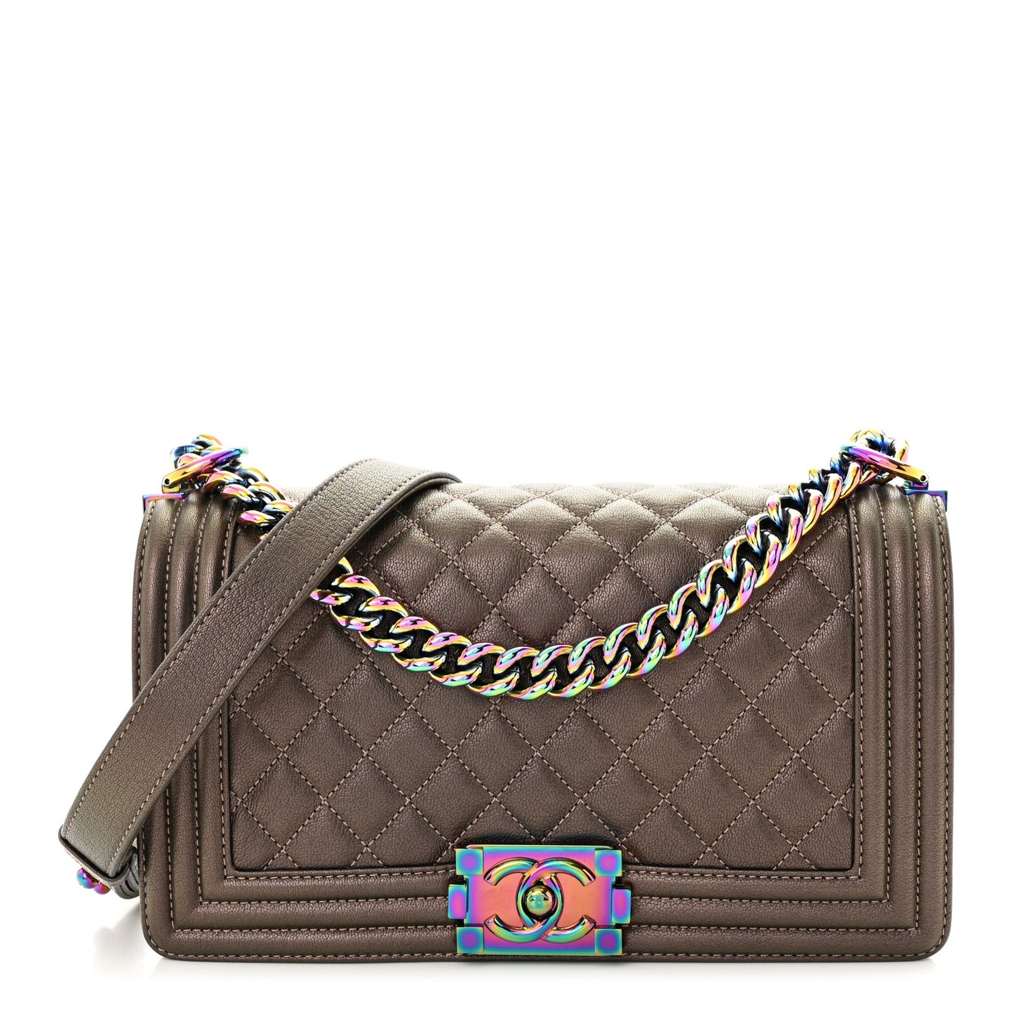 Iridescent Goatskin Quilted Medium Boy Flap Dark Gold