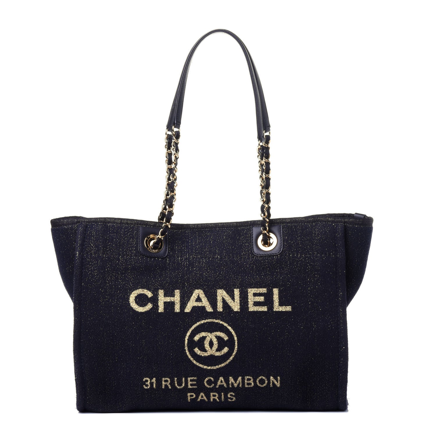 Chanel Lurex Canvas Small Deauville Tote Navy Blue Gold 1 of 11