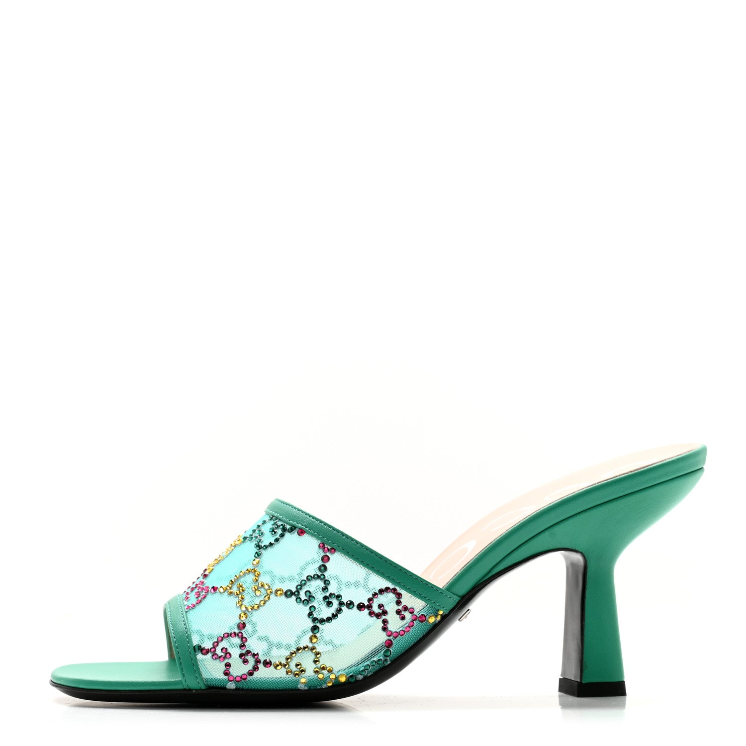 Gucci Tela Retino Nappa Crystal GG Monogram Square G 95mm Slide Sandals 37 Turquoise 1 of 9
