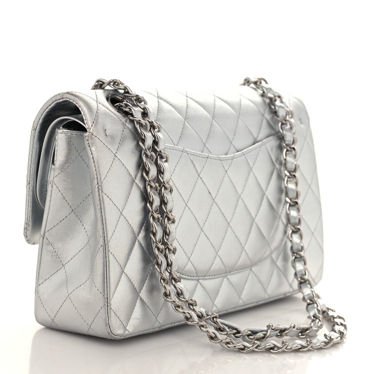 Metallic Lambskin Quilted Medium Double Flap Silver