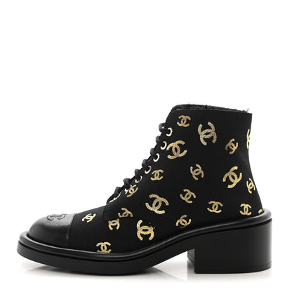 Chanel Lambskin Shearling Canvas CC Lace Up Boots 37.5 Black Gold 1 of 13