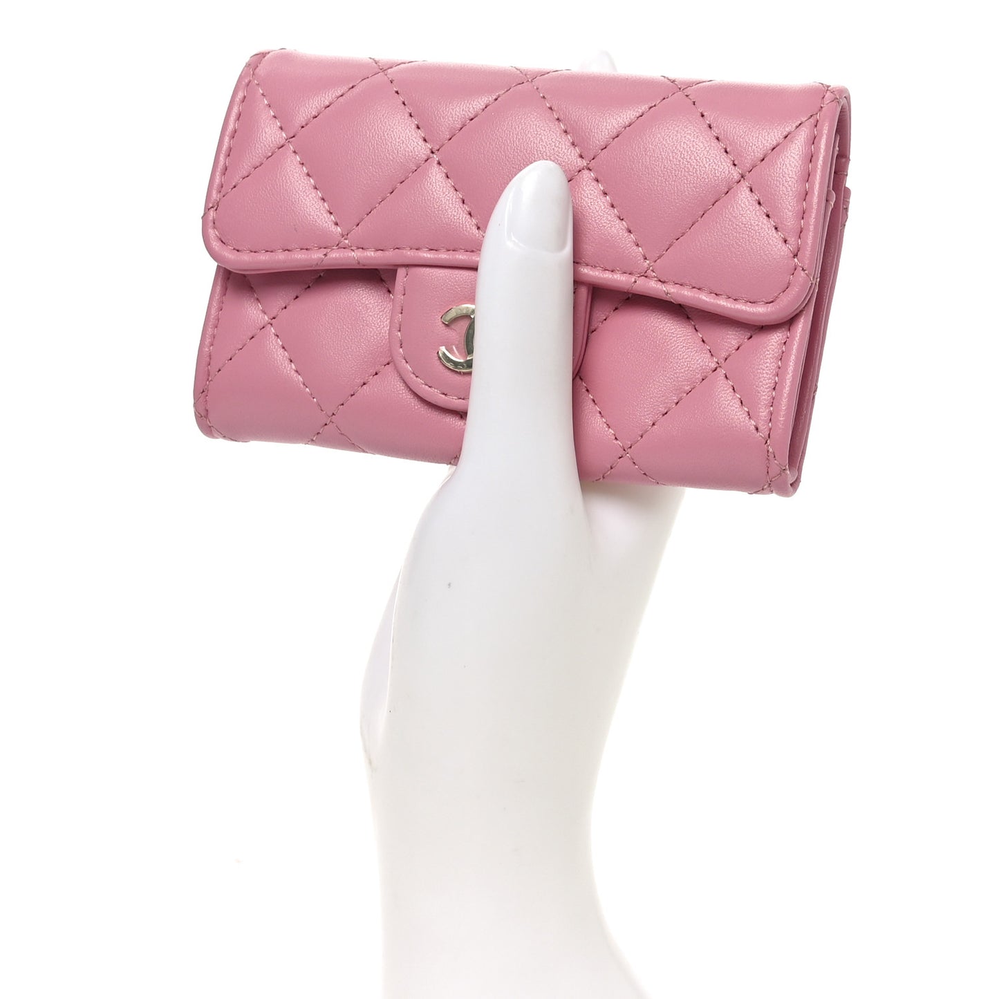 Lambskin Quilted Flap Card Holder Wallet Pink