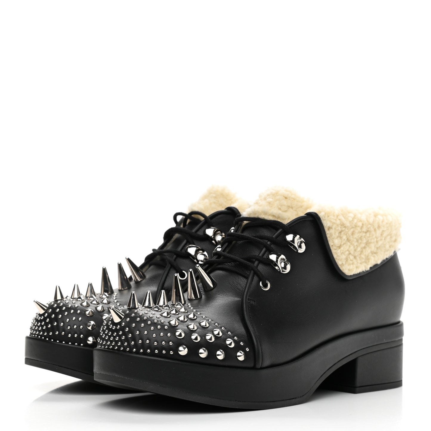 Calfskin Faux Shearling Studded Victor Ankle Boots 38.5 Black Mystic White