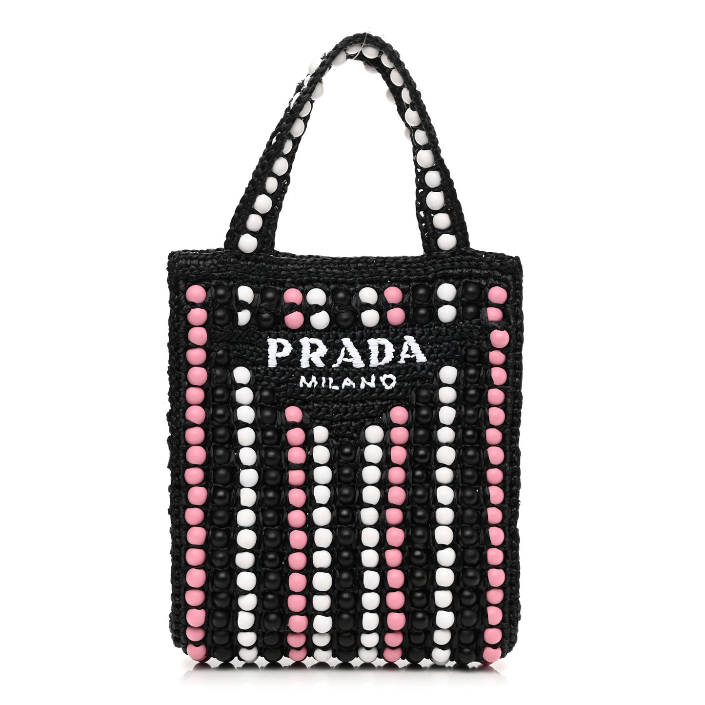 Raffia Wood Bead Embroidered Logo Tote Bag Black