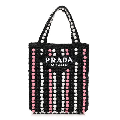 Prada Raffia Wood Bead Embroidered Logo Tote Bag Black 1 of 9