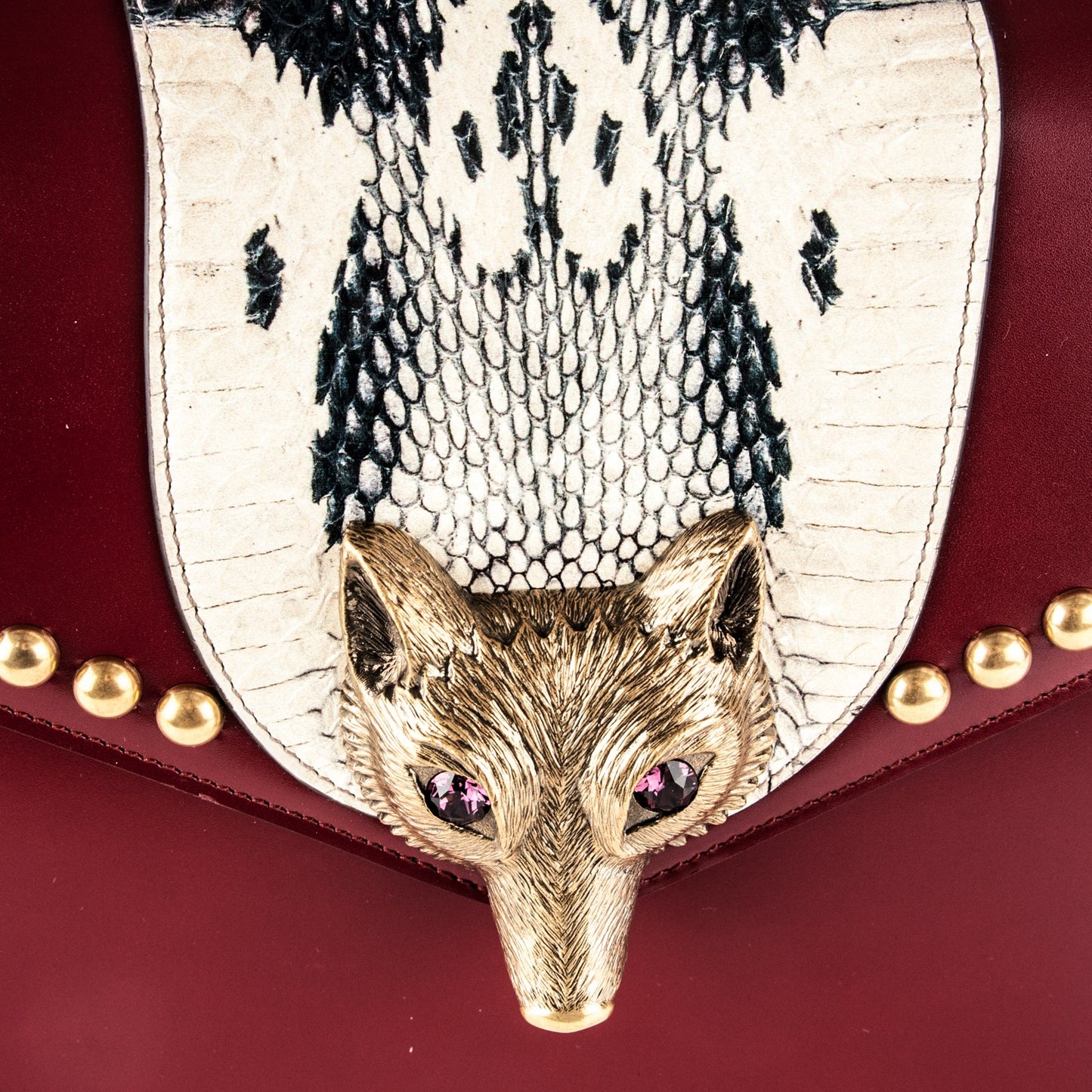 Glossy Calfskin Snakeskin Studded Fox Broche Bamboo Top Handle Bag Red