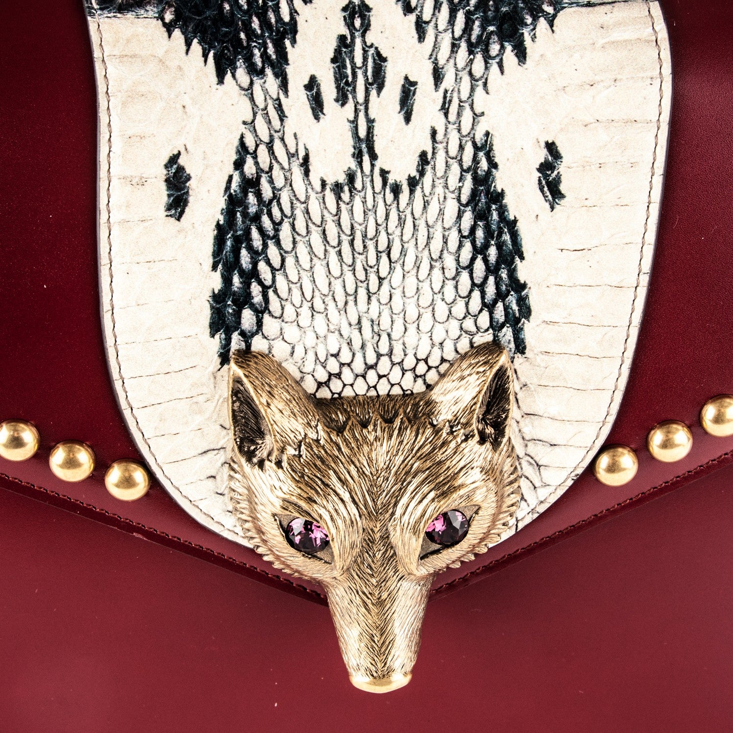 Gucci Glossy Calfskin Snakeskin Studded Fox Broche Bamboo Top Handle Bag Red 6 of 7