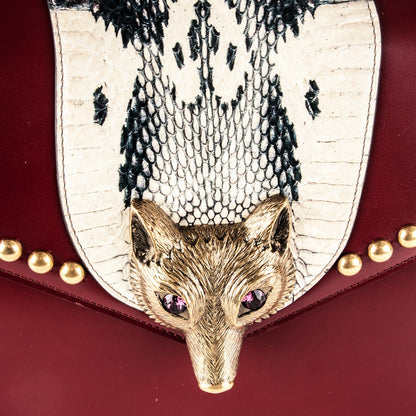 Gucci Glossy Calfskin Snakeskin Studded Fox Broche Bamboo Top Handle Bag Red 6 of 7