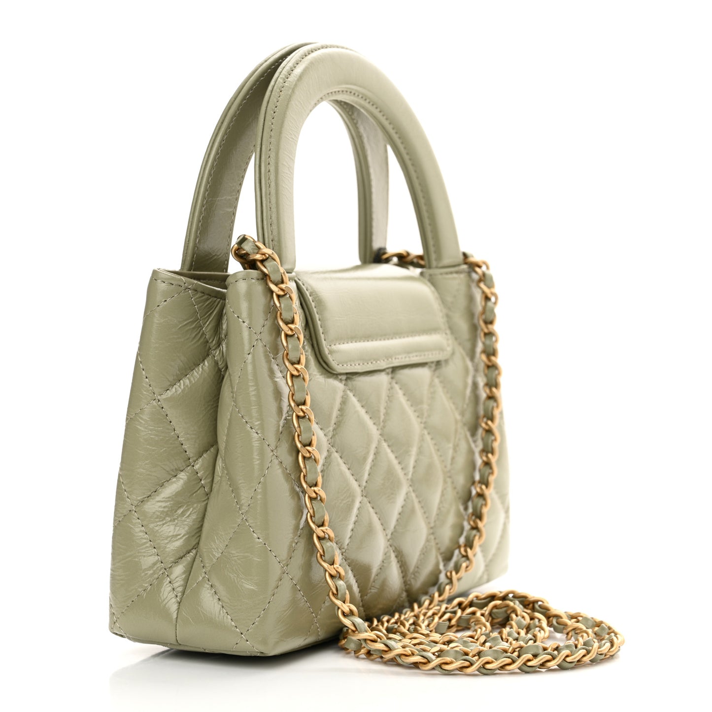 Shiny Aged Calfskin Quilted Nano Kelly Shopper Khaki