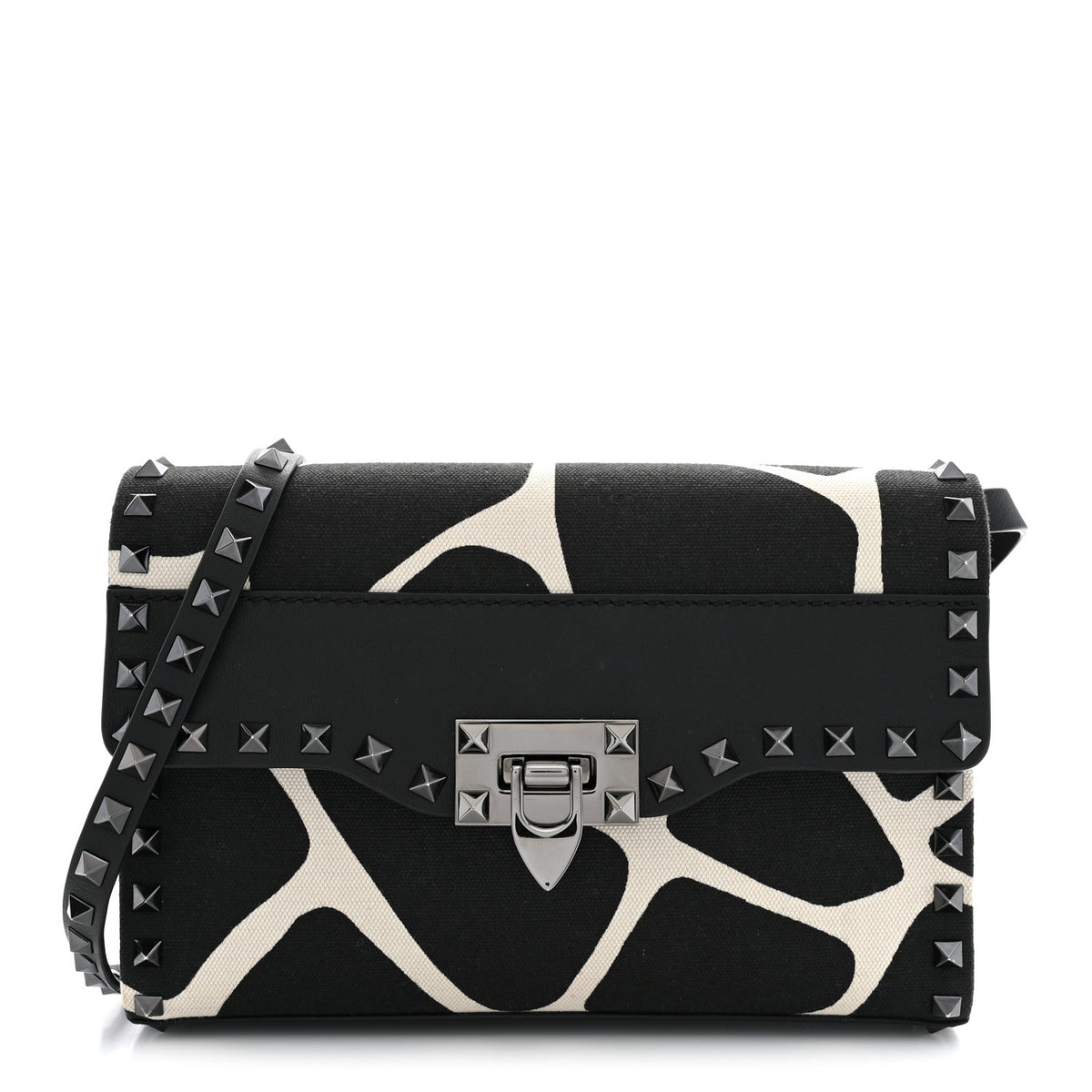 Calfskin Canvas Giraffe Print Medium Rockstud Flip Lock Crossbody Bag Black White