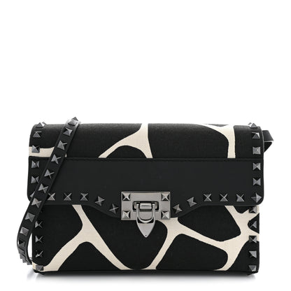 Valentino Garavani Calfskin Canvas Giraffe Print Medium Rockstud Flip Lock Crossbody Bag Black White 1 of 11