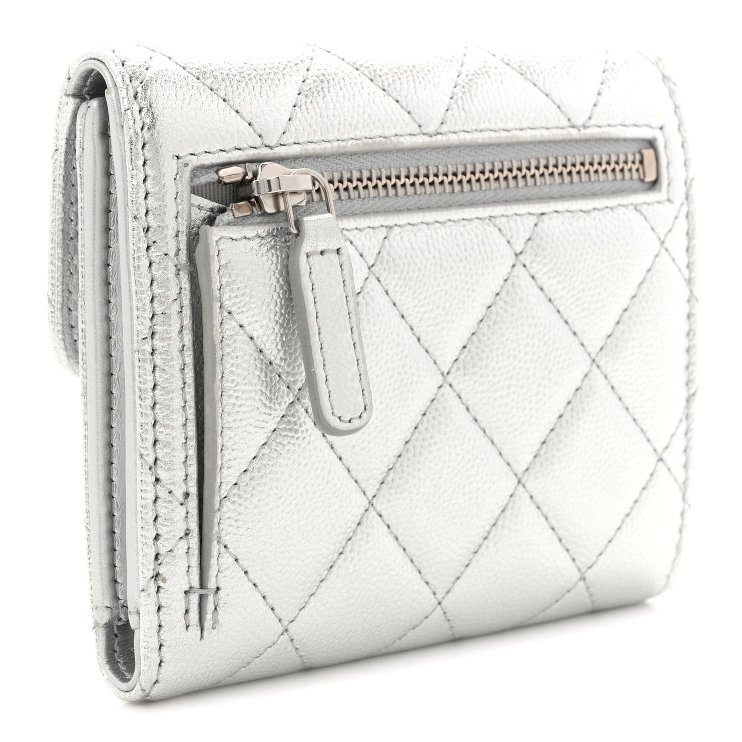 Metallic Caviar Quilted Compact Flap Wallet Silver