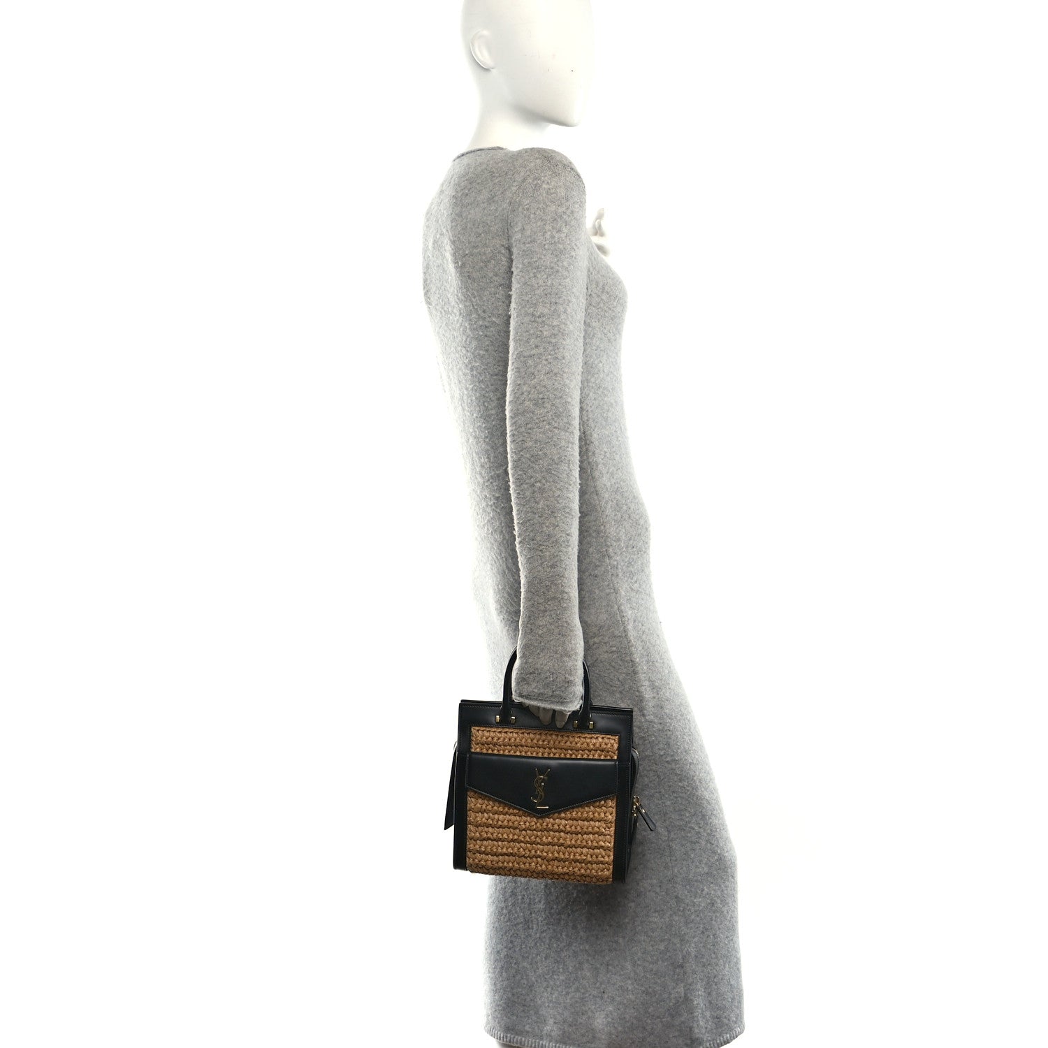 Saint Laurent Raffia Calfskin Small Uptown Tote Black Natural 2 of 10