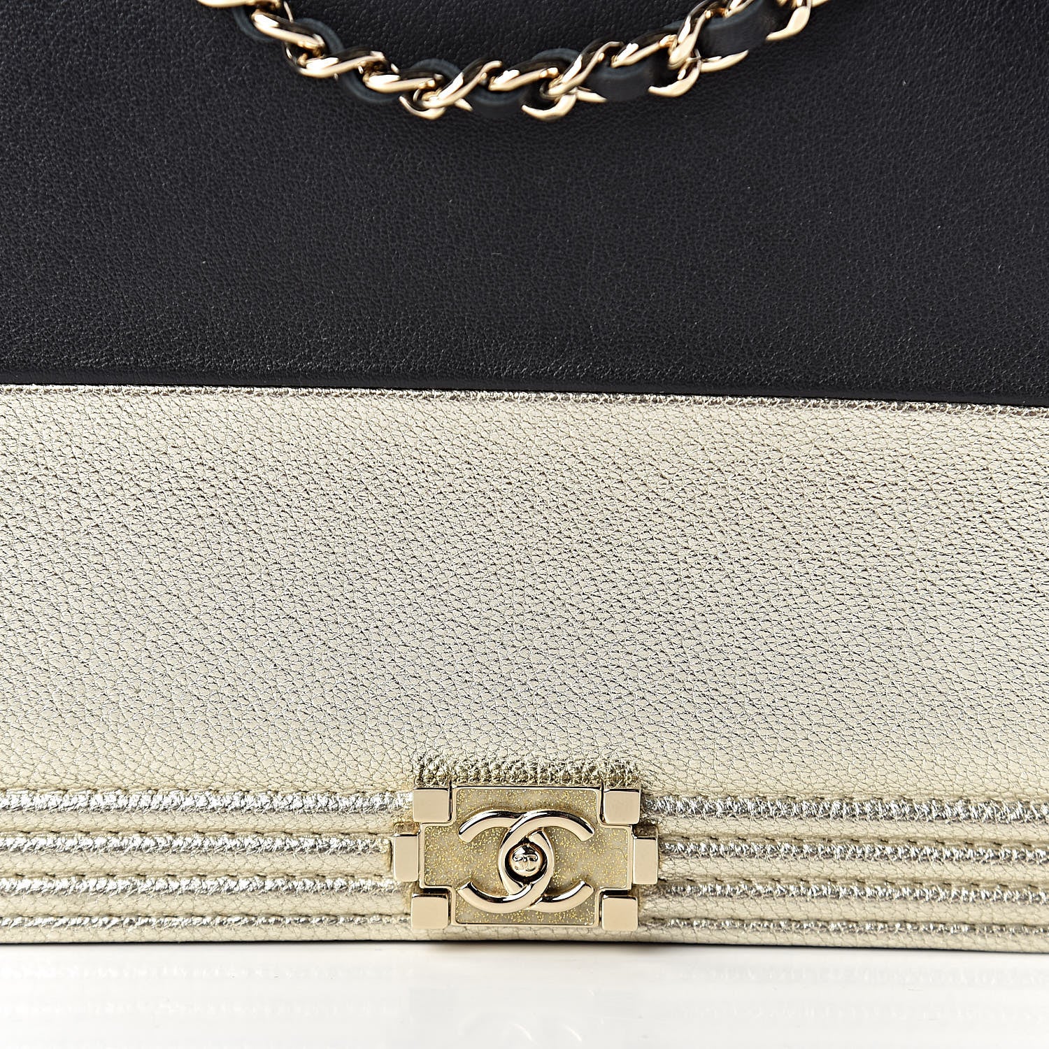 Chanel Metallic Goatskin Lambskin Boy Wallet on Chain WOC Black Gold 9 of 13
