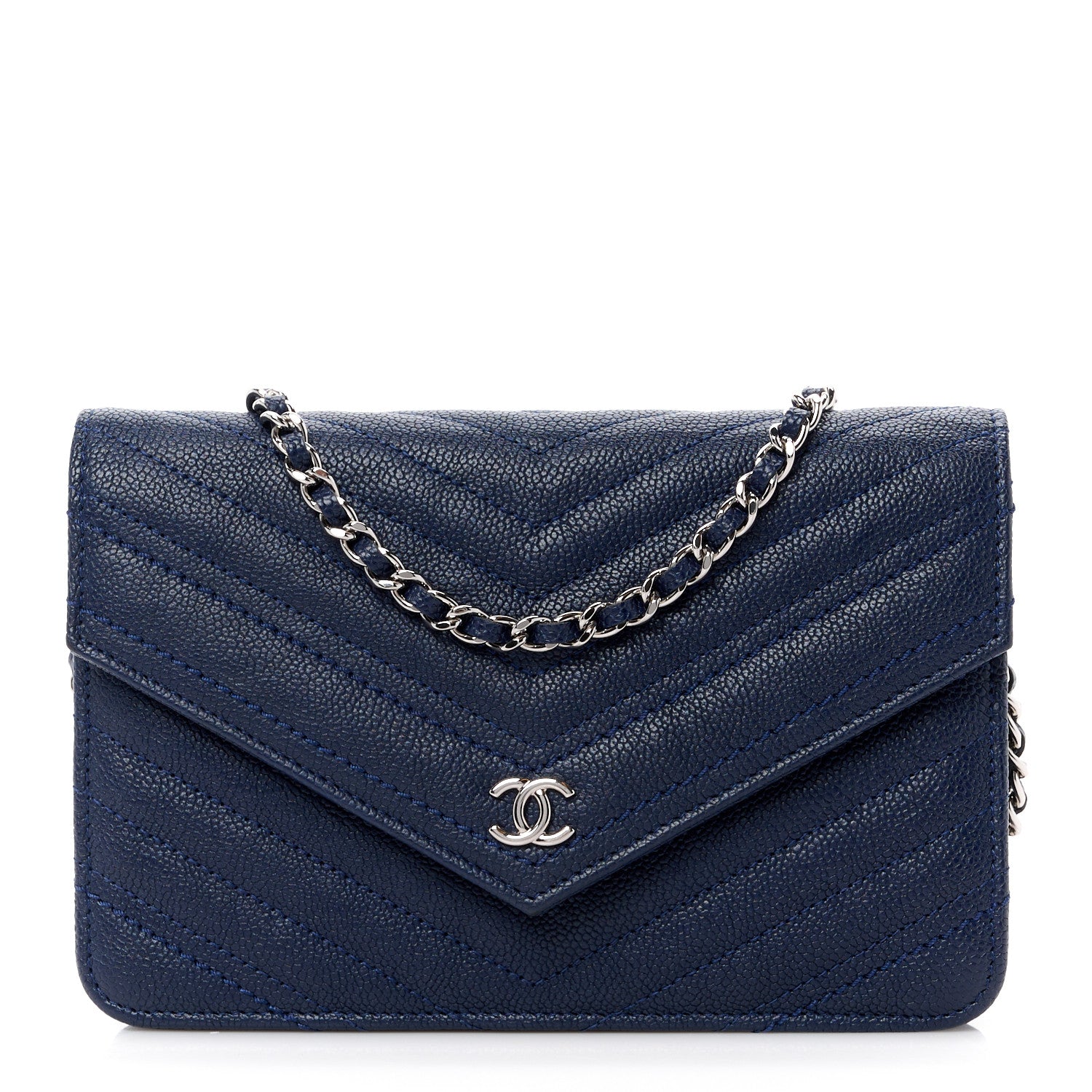 Chanel Goatskin Chevron Quilted Statement Wallet On Chain WOC Navy 1 of 13