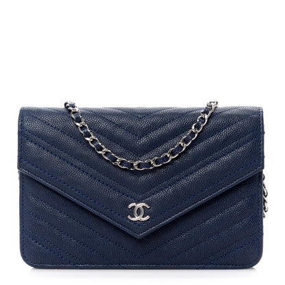 Chanel Goatskin Chevron Quilted Statement Wallet On Chain WOC Navy 1 of 13