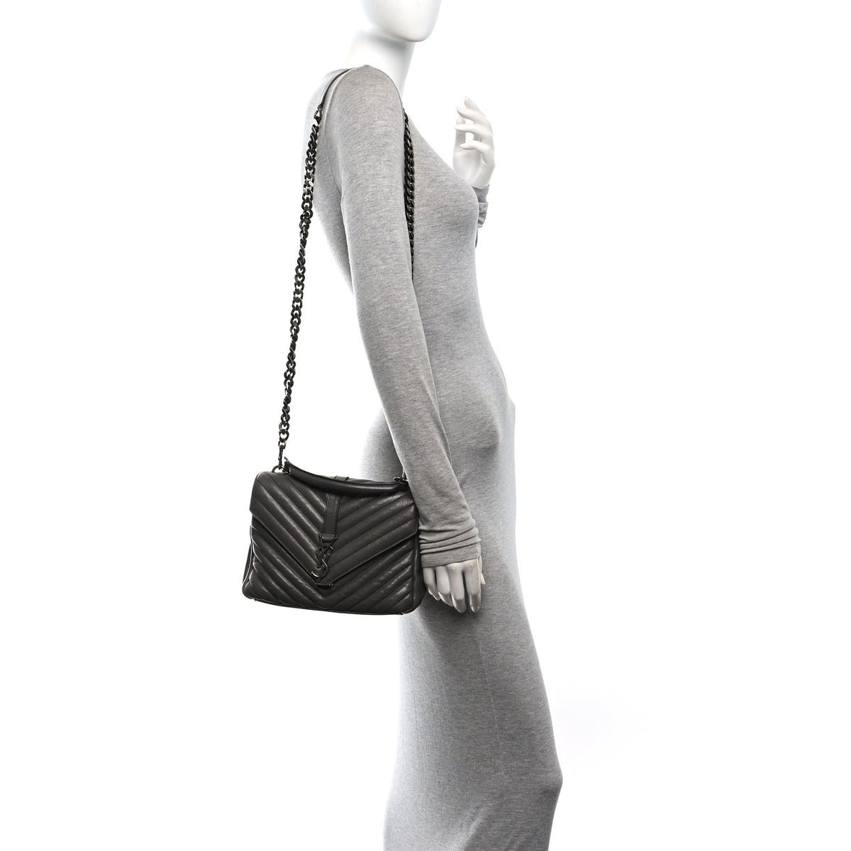 Saint Laurent Grained Calfskin Matelasse Chevron Monogram Medium College Bag Grey 2 of 12