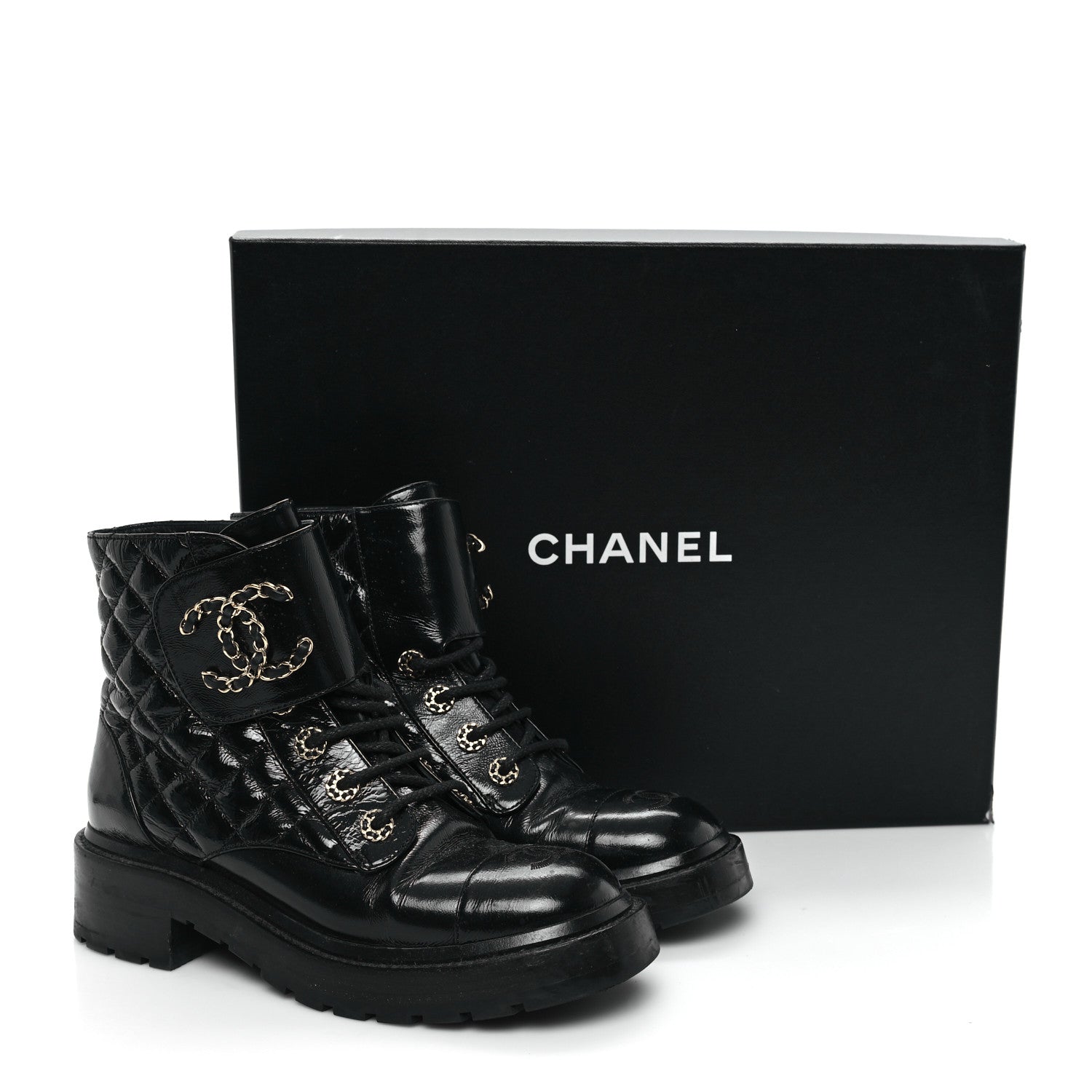 Chanel Shiny Goatskin Calfskin Quilted Lace Up Combat Boots 37 Black 10 of 10
