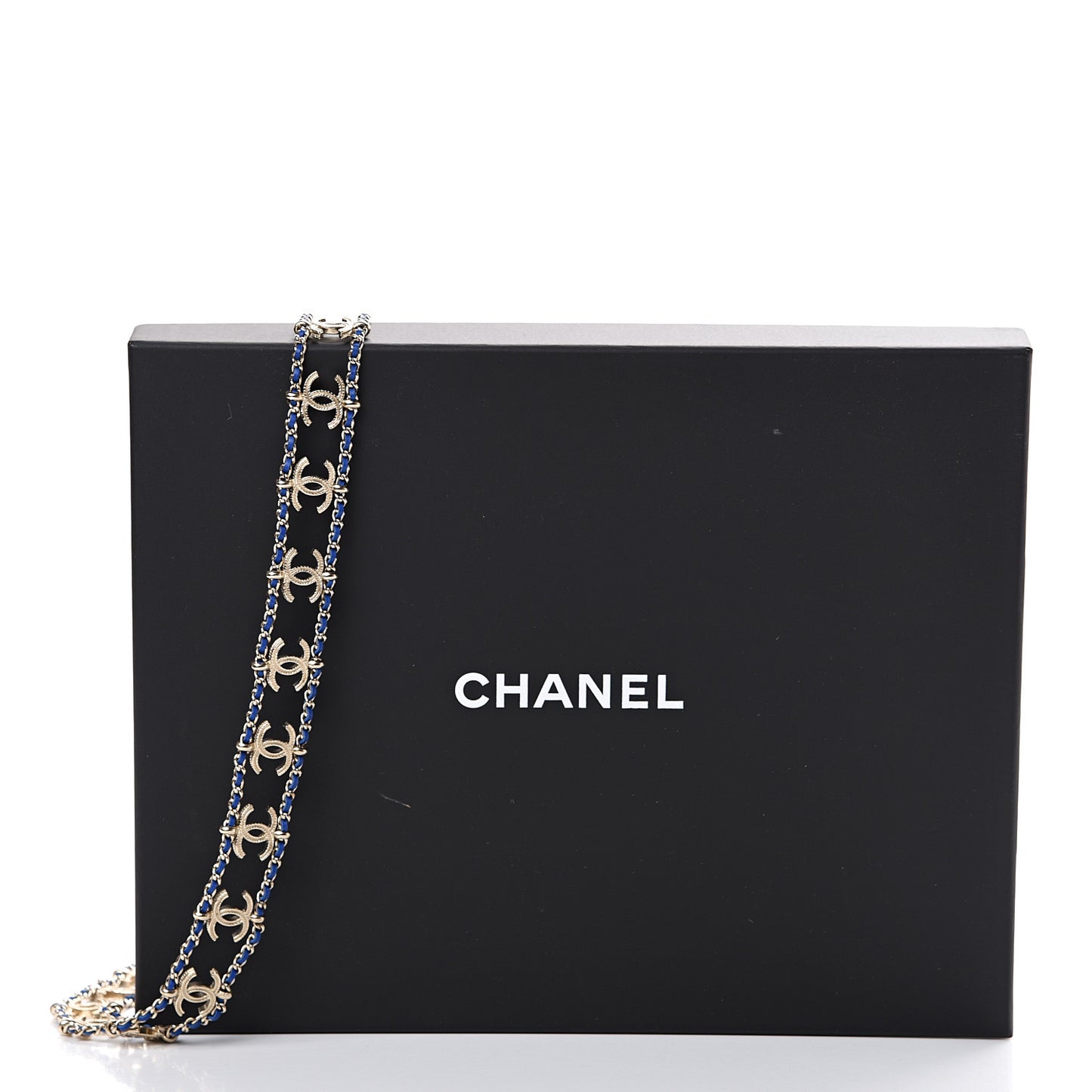 Calfskin CC Chain Fancy Belt 90 Gold Blue