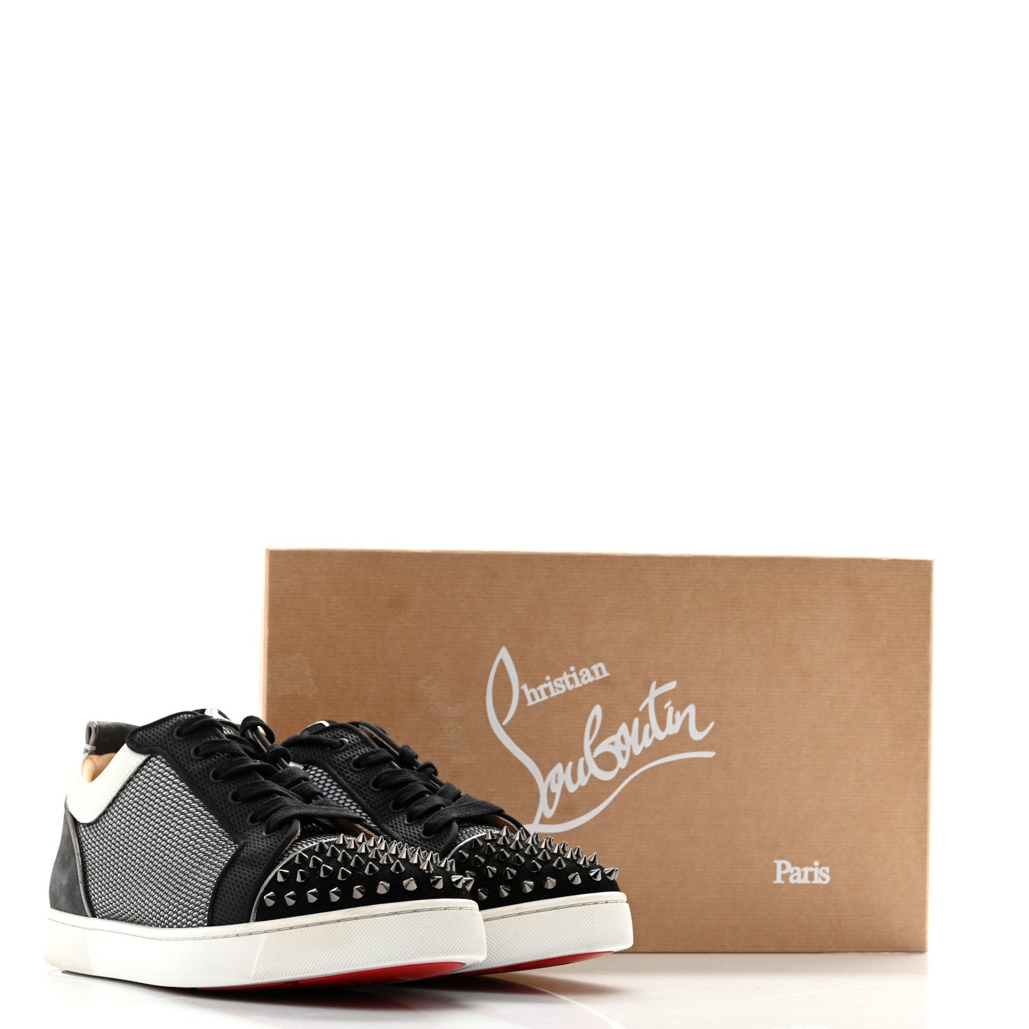 Christian Louboutin Suede Mesh Mens Louis Junior Spikes Orlato Flat Sneakers 42.5 Version Black White 13 of 13