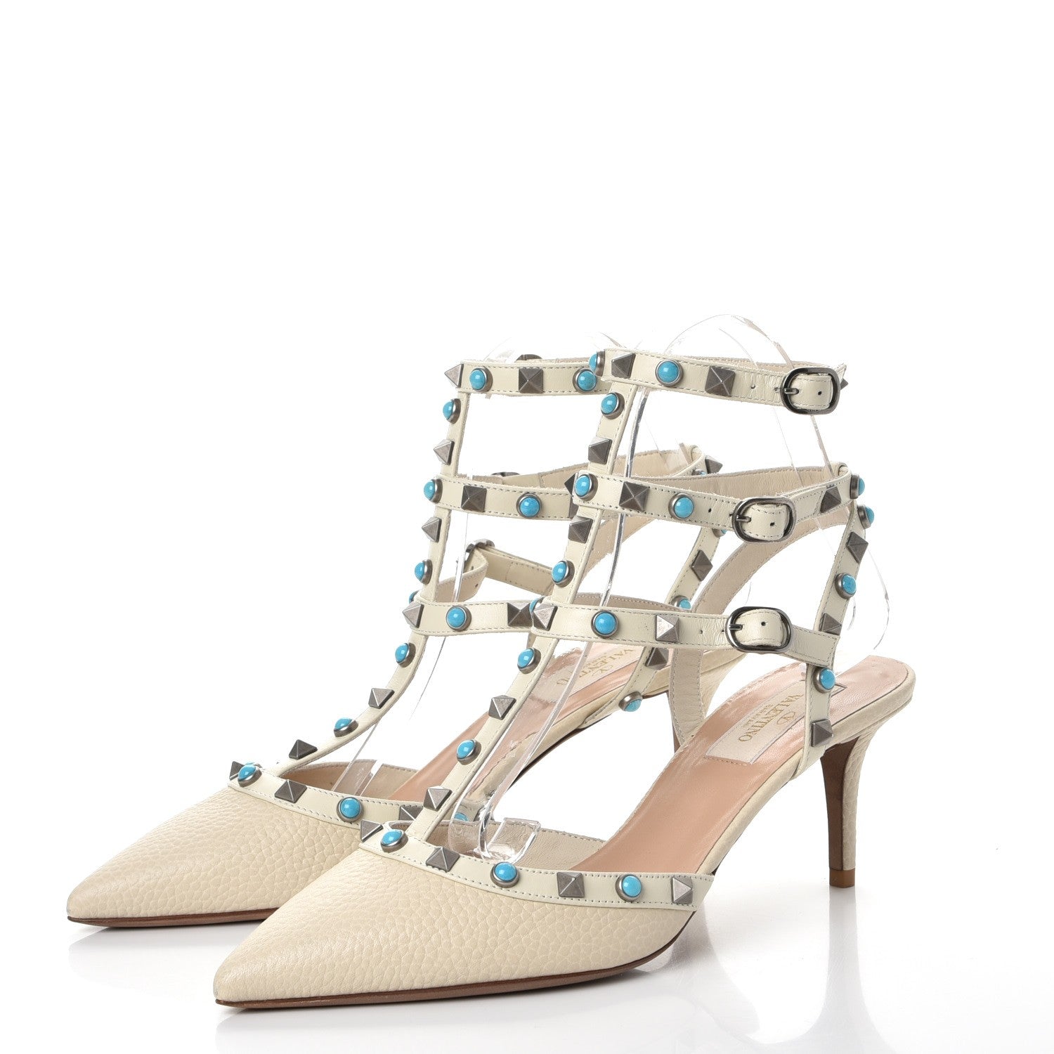 Valentino Garavani Pebbled Calfskin Turquoise Rockstud Rolling Ankle Strap 65mm Pumps 39 Ivory 3 of 9