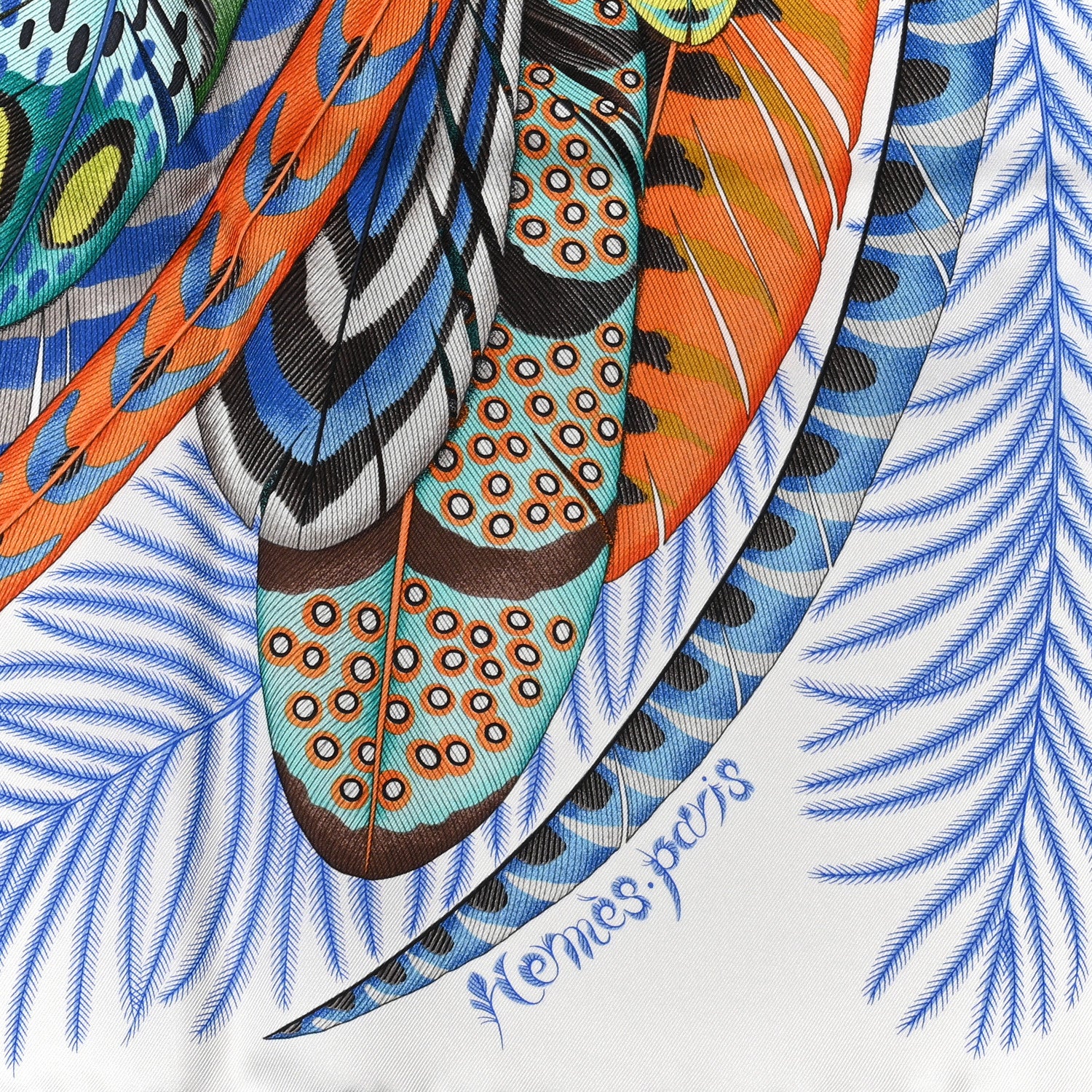 Hermes Silk Plumes En Fete Scarf 90 Blanc Turquoise Multicolor 3 of 4