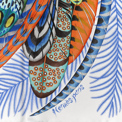 Hermes Silk Plumes En Fete Scarf 90 Blanc Turquoise Multicolor 3 of 4
