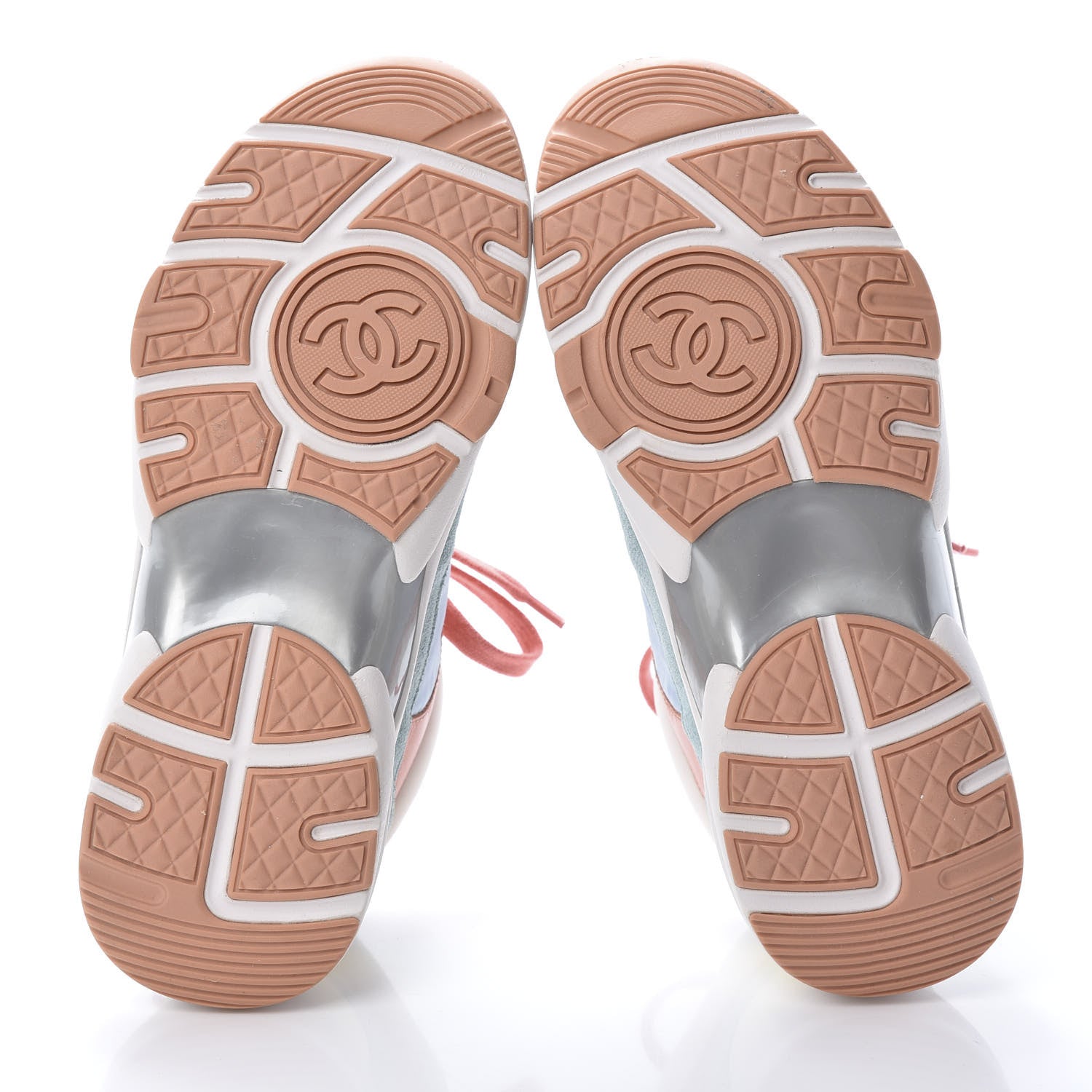 Chanel Nylon Lambskin Suede Calfskin CC Sneakers 35 Coral Light Blue White 5 of 8