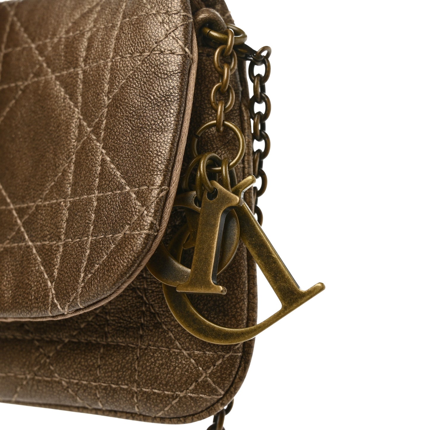 Metallic Grained Calfskin Cannage Lady Dior Wallet On Chain Bronze