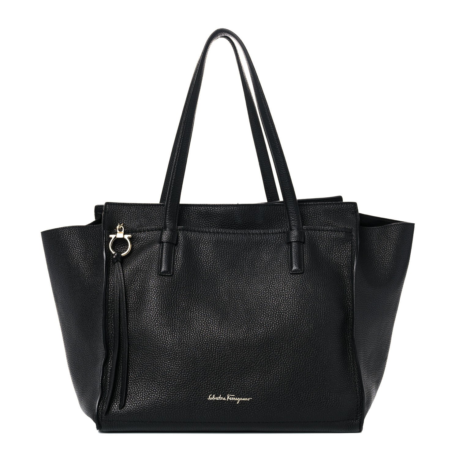 Salvatore Ferragamo Hammered Calfskin Double Handle Medium Amy Tote Black 1 of 14
