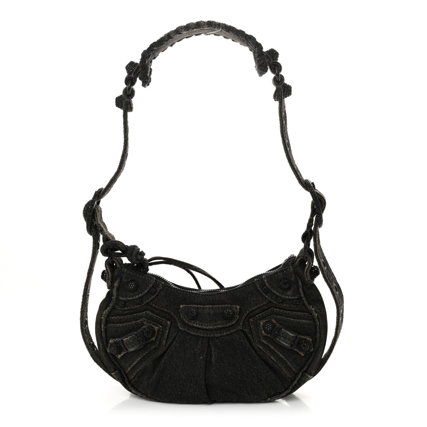 Washed Frayed Denim Crystal Le Cagole Shoulder Bag XS Black