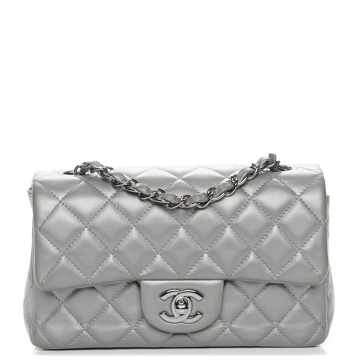 Metallic Lambskin Quilted Mini Rectangular Flap Silver