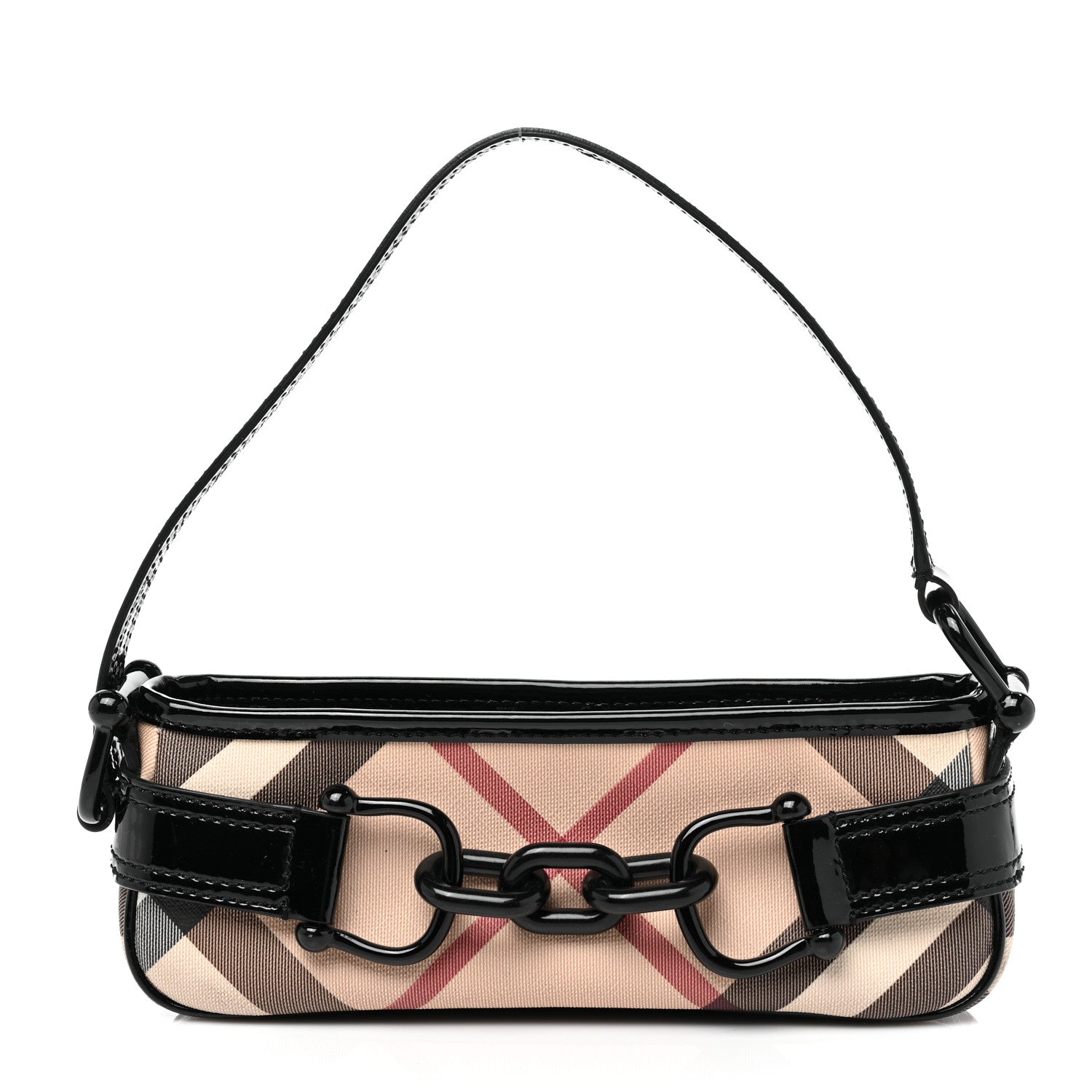 Burberry Patent Supernova Check Link Stirrup Small Bag Black 1 of 10